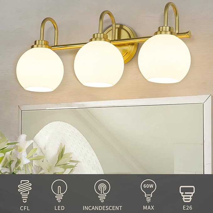 AKEZON Bathroom Light Fixtures 3-Light Brushed Gold Vanity Light, Modern Bathroom Wall Sconce with Milky White Frosted Glass Shade for Mirror Bedroom Hallway
