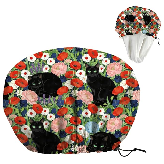 Black Cat Reusable Shower Cap Flower Double Layer Waterproof Shower Caps Large Elastic Hair Cover Adjustable Hair - Drying Caps for Woman Man Bath SPA Travel One Size Fits Most
