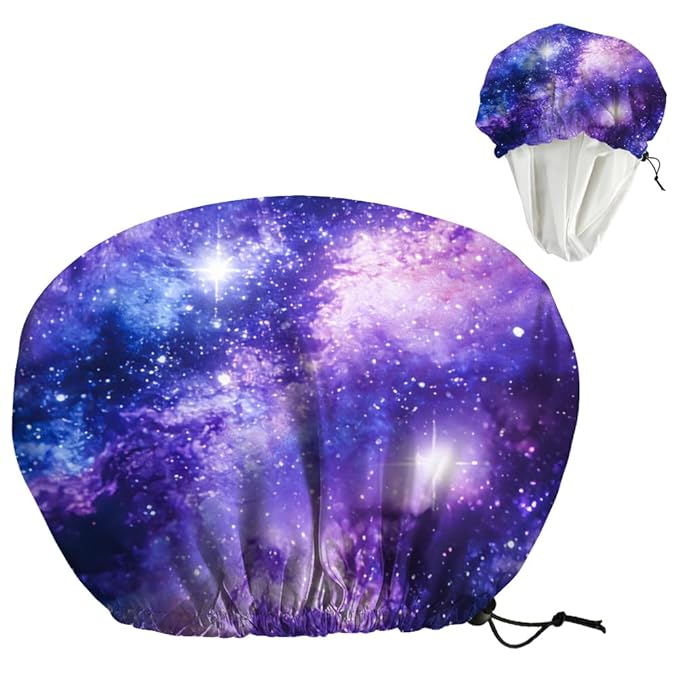 Starry Sky Reusable Shower Cap Milky Way Double Layer Waterproof Shower Caps Large Elastic Hair Cover Adjustable Hair - Drying Caps for Woman Man Bath SPA Travel One Size Fits Most