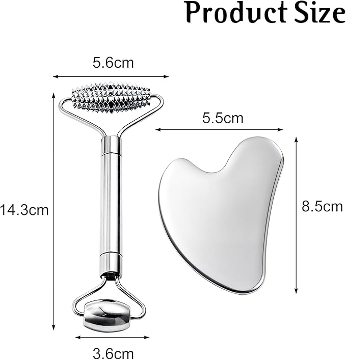 Gua Sha & Face Roller, Stainless Steel Gua Sha Facial Tools for Face, Eyes, Chin & Jawline Sculpting, Body Gua Sha Tools with Pouch