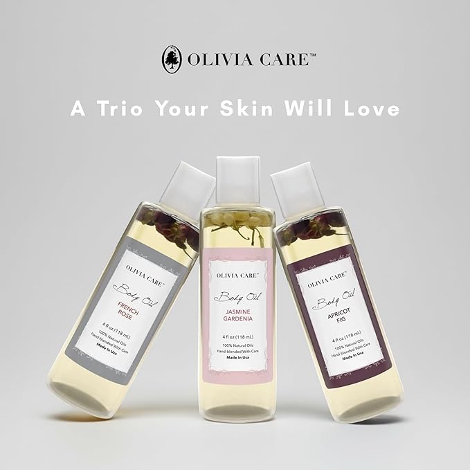 Olivia Care 3 Pack Body Oils: Apricot Fig, French Rose, Jasmine Gardenia - Natural Perfume Oils For Women & After Bath Oils Body Moisturizers, Rich in Vitamin E, K, & Omega (3 Scents)
