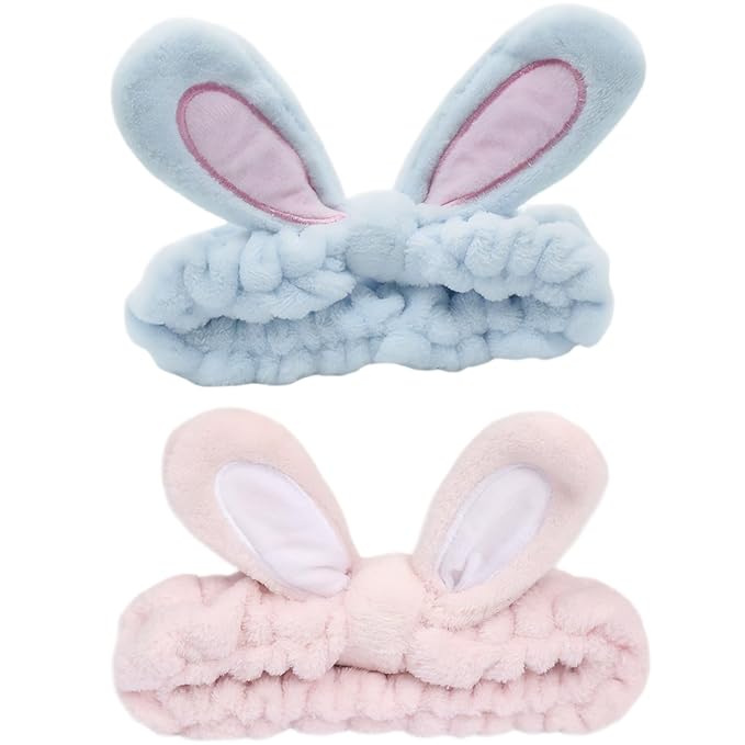 musejoy 2 Pcs Headband Bunny Ears Headband, Cute Spa Headbands for Washing Face Skincare Makeup Headbands for Women Girls Trendy Stuff Present Soft Coral Fleece Hair Accessories(Blue+Dusty Pink)