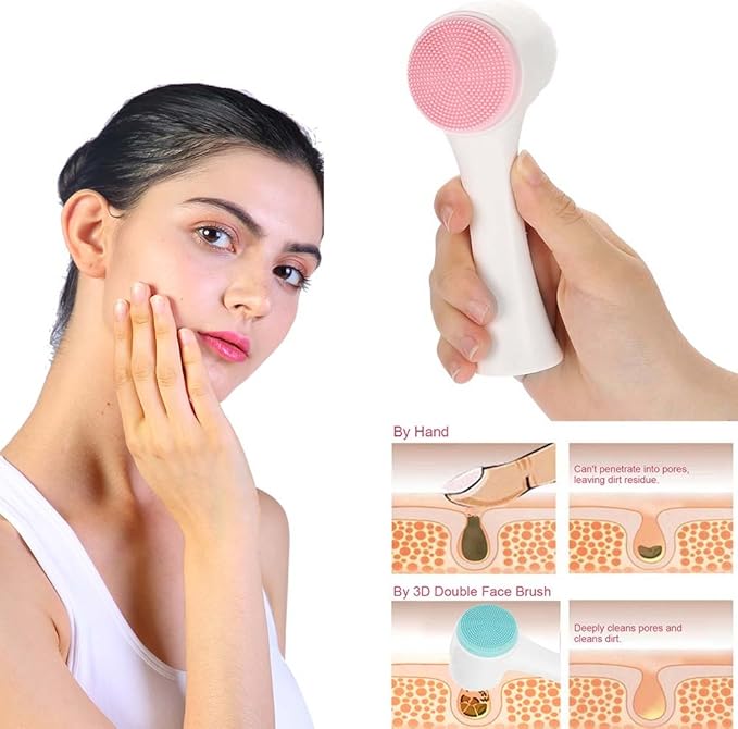 Fashionable 3D Double Face Brush for Deep Cleansing and Facial Massage – Exfoliating Silicone Brush Tool in Pink for Makeup Removal