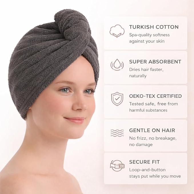 100% Turkish Cotton Hair Towel Wrap 2 Pack – Oeko-TEX Certified Quick Dry Turban for Wet Hair – Soft, Absorbent, Gentle on Curly & Long Hair – 10x26 Inch