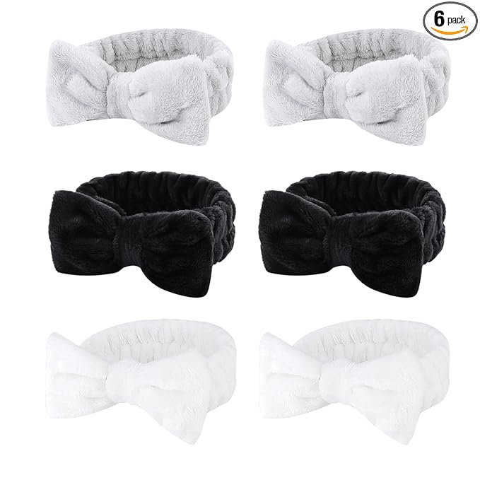 Casoty 6 Pcs Hair Band, Soft Coral Fleece Spa Headbands for Washing Face, Bow Hair Band, Makeup Headband, Skincare Headbands, Yoga, One Size Fits All, Grey, White, Black