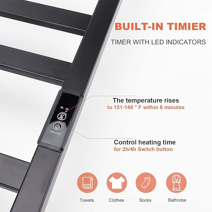 Towel Warmer Heated Towel Rack-Bar - Nopwer Bathroom Wall Mounted Electric Towel Drying Matte Black 10 Bar Plug-in
