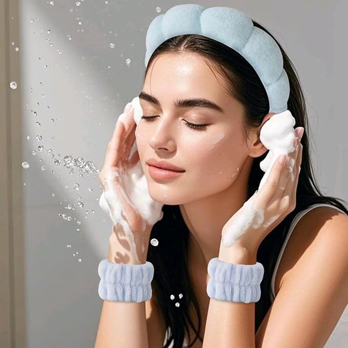 2Pcs Spa Headband for Washing Face & 1 Pair Wristband Set - Sponge Makeup Skincare Headband, Terry Cloth Bubble Soft Hairband, Puffy Padded Non-Slip Thick Hair Accessory for Women & Girls (Blue)