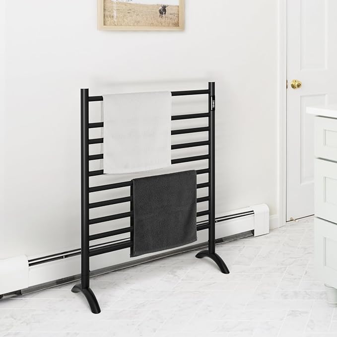 Freestanding Towel Warmer 10 Bars Plug-in Option 3 Working Modes Black Stainless Steel 24" W 34" H