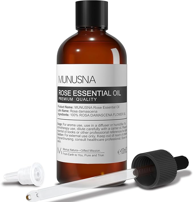 Rose Essential Oil 100ML, 100% Pure Natural Rose Oil for Hair Face Skin Care, Premium Grade Essential Oils for Diffuser, Skin, Care Massage, Yoga, Bath, Soap and Candle Making