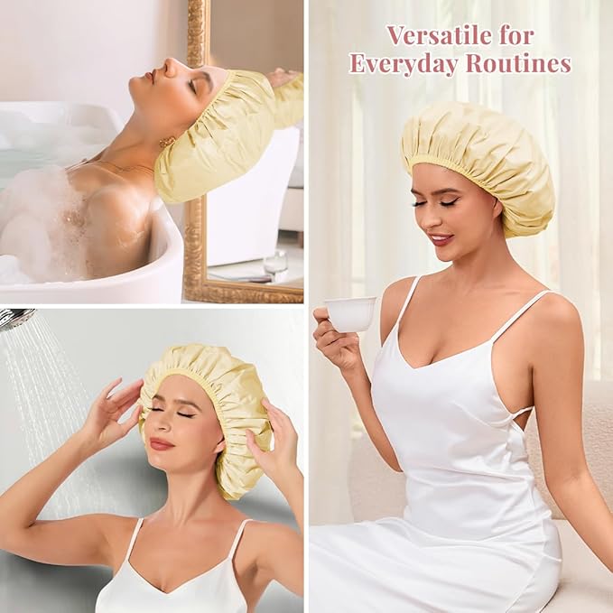 Shower Cap for Women Waterproof Reusable, Large Shower Cap Non-Slip with Elastic Band, Washable Bath Hair Hat for Long Hair, Braids (Light Yellow)