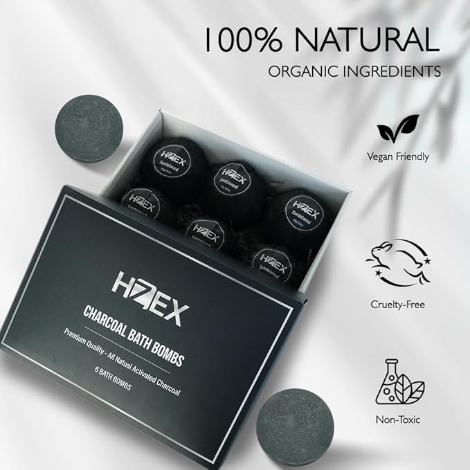 HZEX Charcoal Activated Bath Bombs for Men – Detox with Handmade Organic 6 Pack Bath Bomb Set, up to 3 Scents (Sandalwood, Bergamot, Ocean), Individually Wrapped (Sandalwood)