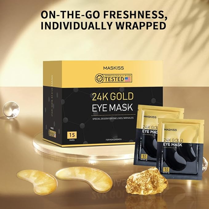 Maskiss 24k Gold Under Eye Patches (15 Pairs), eye mask, Collagen Skin Care Products, Eye Patches for Puffy Eyes, eye masks for dark circles and puffiness