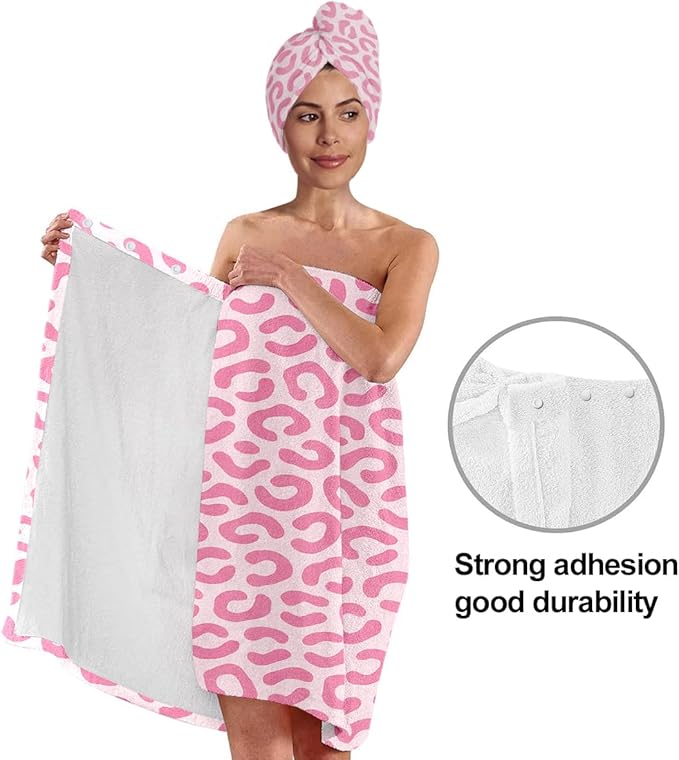 Pink Leopard Print Towel Wrap Skirt for Women with Hair Turban – Microfiber Bath Wrap Set with Adjustable Closure – Quick Dry Spa Towel for Shower, Gym, Dorm, Travel