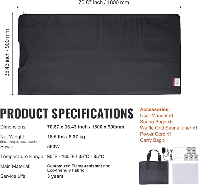 Happybuy Sauna Blanket for Detox, Home Relaxation, 1-6 Temp Levels (95-185℉), 1-60 Min Timer, Portable, Far Infrared Carbon Heating