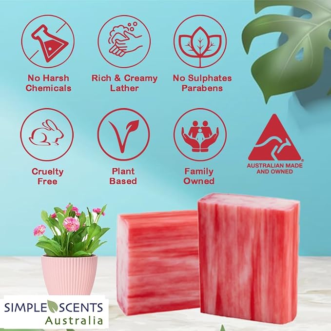 Simple Scents Australia Melon Strawberry Scented Natural Soap Bars (5 Bars), 3.5oz Moisturizing French Triple Milled Soap Bars Enriched with Shea Butter - Pure Plant Oil Bath & Body