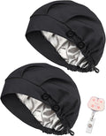 2 Pack Satin Lined Bouffant Scrub Caps with Buttons, Adjustable Scrub Caps for Women Men