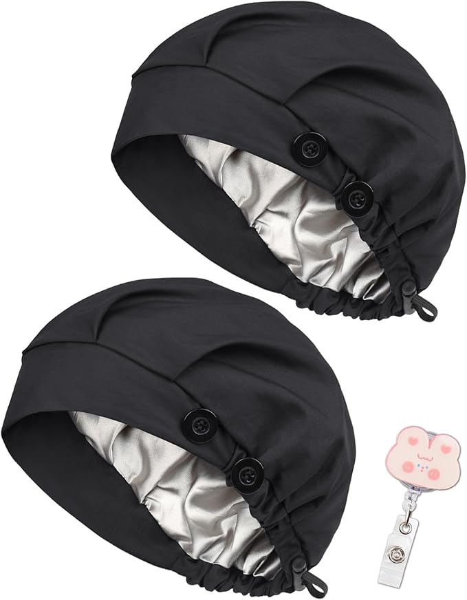 2 Pack Satin Lined Bouffant Scrub Caps with Buttons, Adjustable Scrub Caps for Women Men