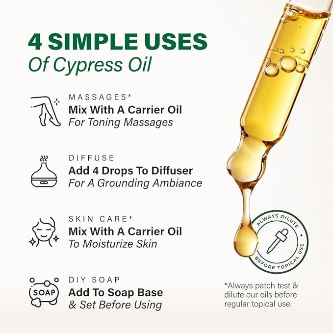 100% Pure Cypress Oil - 4 Fl Oz Cypress Essential Oil for Hair, Skin, Diffuser, Aromatherapy & DIY Soap Making Scent