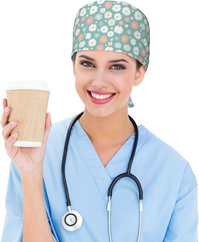 Scrub Cap for Women and Men Boho Black Leaf Pattern Adjustable Breathable Sweatband Hat for Work Kitchen Spa Shower Daily Use