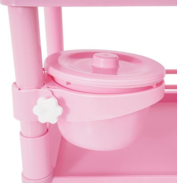 Salon Storage Cart, 3 Tier Rolling Beauty Organizer with 2 Garbage Baskets & 1 Drawer, 80kg/176.37lbs Capacity, Movable Storage Trolley for Beauty Salon SPA (Pink)
