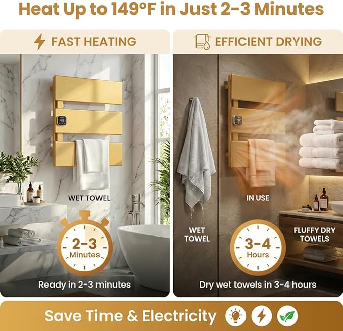 Electric Towel Warmer, Heated Towel Rack with Thermo Control and Timer, Fast Heating Towel Rail for Bathroom with Memroy Function, Work with Smart Plug, Left-Wiring, 3 Panel, Gold