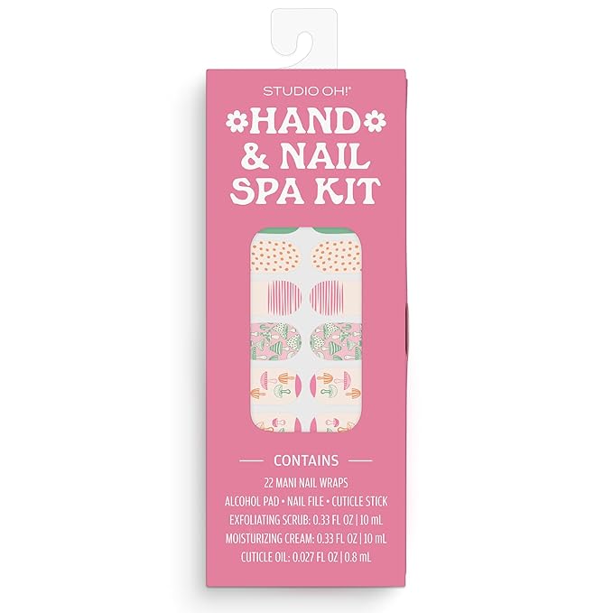 Studio Oh! Hand & Nail Spa Kit, Mini Nail Kit with 22 Nail Wraps, Exfoliating Scrub, Moisturizing Cream, Cuticle Oil & Tools, Girls Spa Kit, Travel Manicure Kit for Women & Girls (Wild Realm Design)