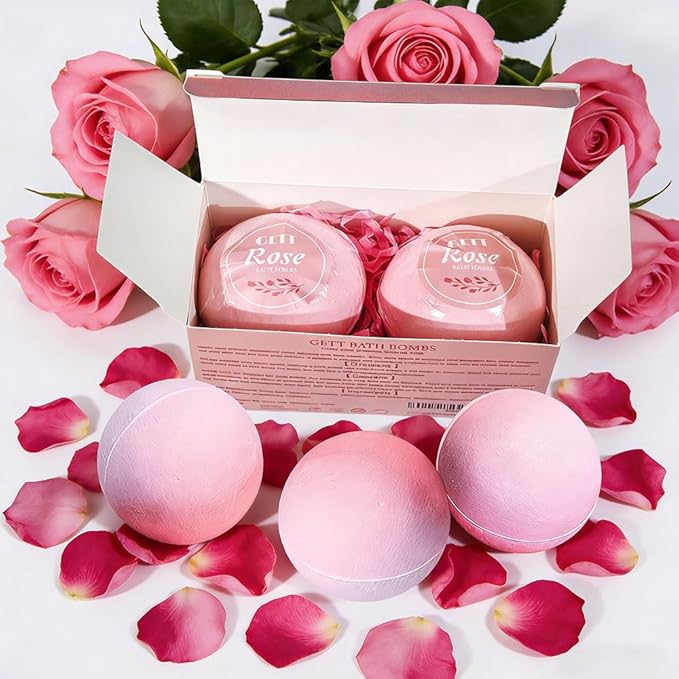 GETT Rose Bath Bombs 2 Pack (60g Each), Individually Wrapped Bath Bomb Gift Set for Women, Bubble Bath Aromatherapy, Spa Gifts, Self Care Gifts, Relaxing Moisturizing
