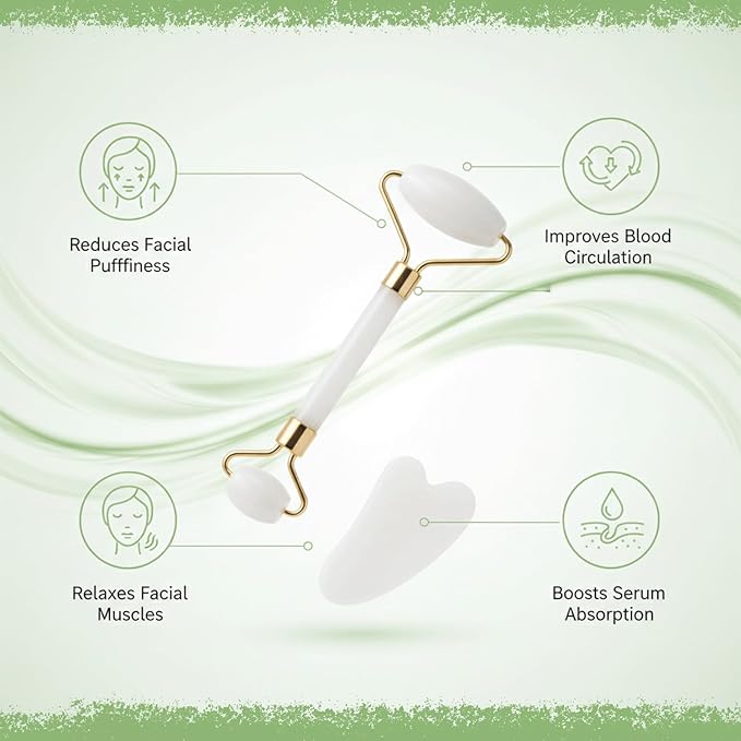Gua Sha & Jade Roller Facial Tools Face Roller and Gua Sha Set for Puffiness and Redness Reducing Skin Care Routine, Self Care for Men Women (White)