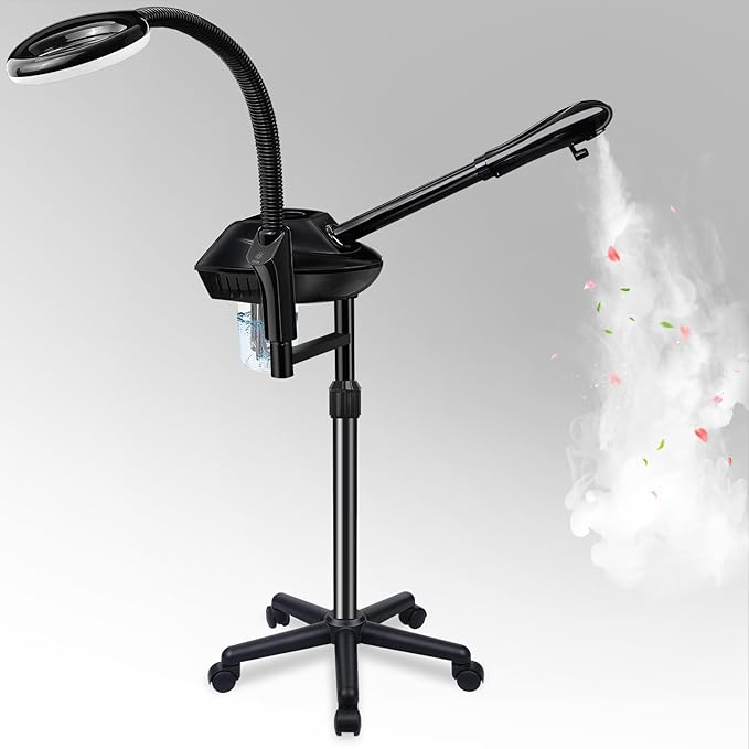 Professional Facial Steamer on Wheels, 2-in-1 Facial Steamers with 5X Magnifying Lamp, Facial Steamer for Facial Deep Cleaning and Hydration, Facial Humidifier for Spa, Salon and at Home Use