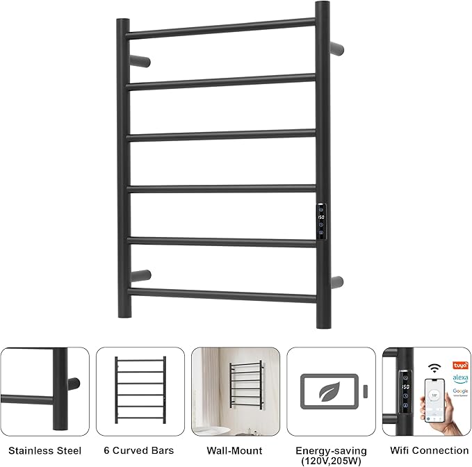 Electric Towel Rack with Voice Control for Alexa & Google Home,TUYA - Wall-Mounted Bathroom Heating Towel Warmer,Plug-in,Stainless Steel Material (Black with WiFi, 6 Bar)