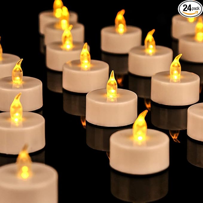 JUNPEI 24Pack Battery Tea Lights LED - Realistic and Bright Flickering Holiday Gift Operated Flameless for Seasonal & Festival Celebration Warm Yellow Lamp Battery Powered