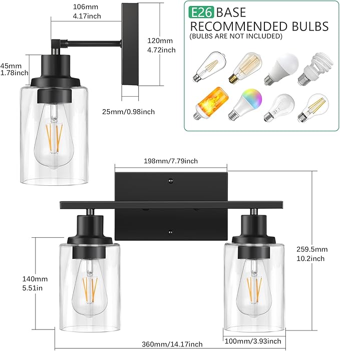 ShineTech 2-Light Bathroom Vanity Light Fixtures, Modern Wall Lighting with Clear Glass Shade, Matte Black Finished Wall Sconce Lighting for Mirror