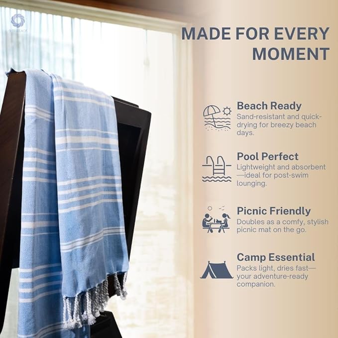 Cotton Turkish Beach Towel with Towels Oversized 36"x72" Pool Absorbent Extra Large Quick Dry Sand Travel Towel (Azure Bliss, 4 Pack)