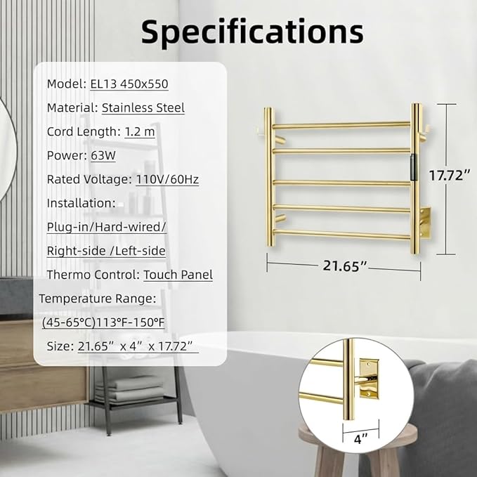 P&Dlusir Towel Warmer, Heated Towel Rack with Smart Timer and Thermo Control, Wall-Mounted Heated Towel Rail, Stainless Steel, Hard-Wired/Plug-in, Polished Gold, 5 bar