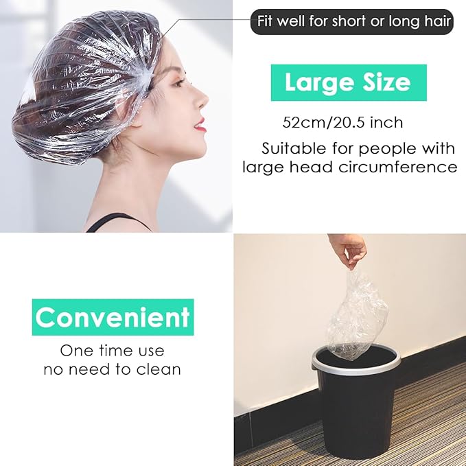 Keeygo Disposable Shower Caps 100 PCS Bath Caps Clear Waterproof Plastic Wraps for Women, Hotel Travel Essentials Accessories Hair Caps(20.5")