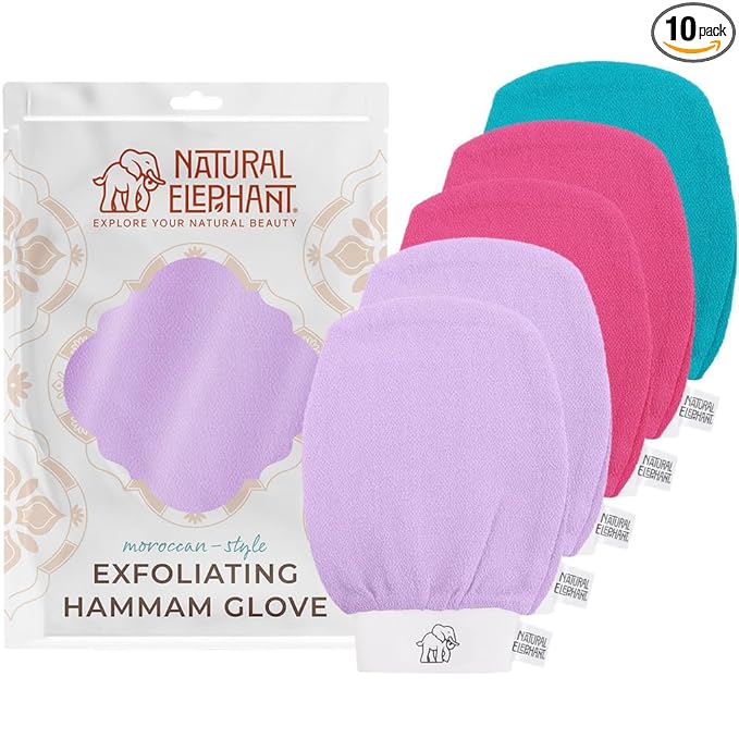 Natural Elephant Exfoliating Hammam Glove - Face and Body Exfoliator Mitt 5 and 10 Packs (2 Lilac, 2 Pink, 1 Teal (Pack of 5))
