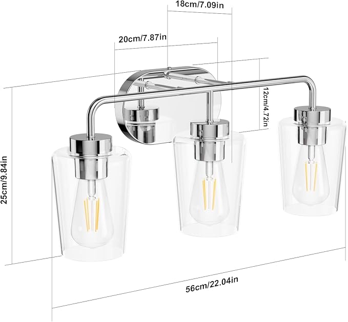 Tipace Modern Bathroom Vanity Lighting Fixtures 3-Lights Industrial Stainless Steel Chrome Finish with Clear Glass Vanity Lights Farmhouse Bath Lighting(Exclude Bulb)