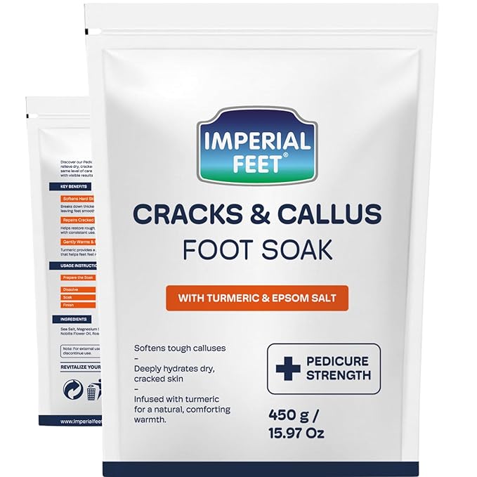 Imperial Feet Epsom Salt Foot Soak (PEDICURE GRADE)-Cracked Heels, Thick Calluses, Soften Hard Skin, Rough Feet & for Deeply Hydrates Dry Cracked Skin Foot Soak Salts with Turmeric 16oz (Orange Detox)