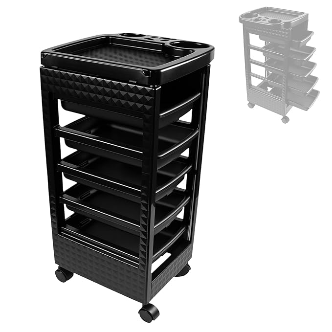 Salon Trolley Cart with 5 Drawers, Beauty Rolling Hair Rack with Worktop, Portable Salon Station for Hair Stylist, Professional Beautician’s Equipment with Wheels for Spa/Tattoo