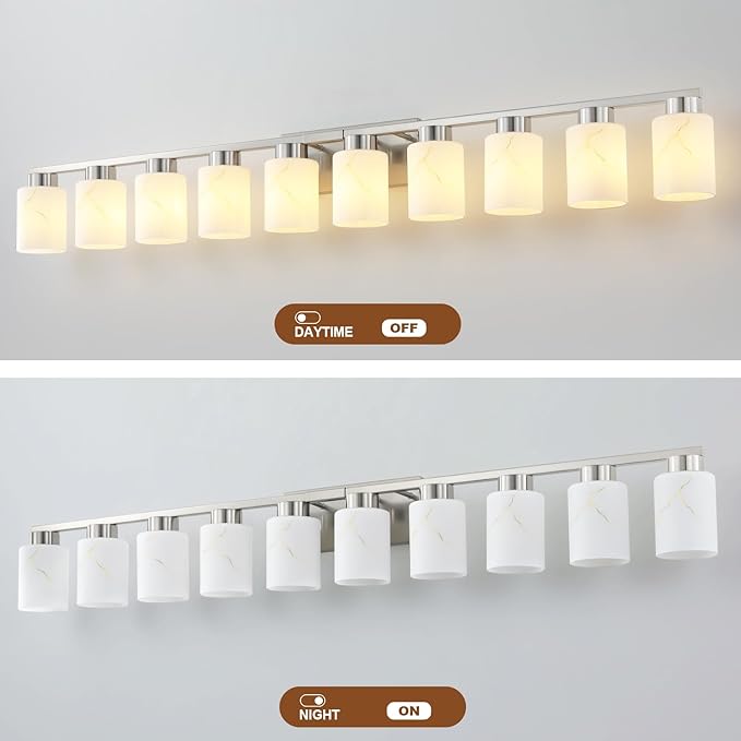 10-Light Bathroom Light Fixtures, Modern Vanity Lights, Brushed Nickel Metal Wall Lamp with White Marble Glass for Bathroom, Mirror, Living Room, Bedroom, Cabinet, Porch, Hallway, E26 Base