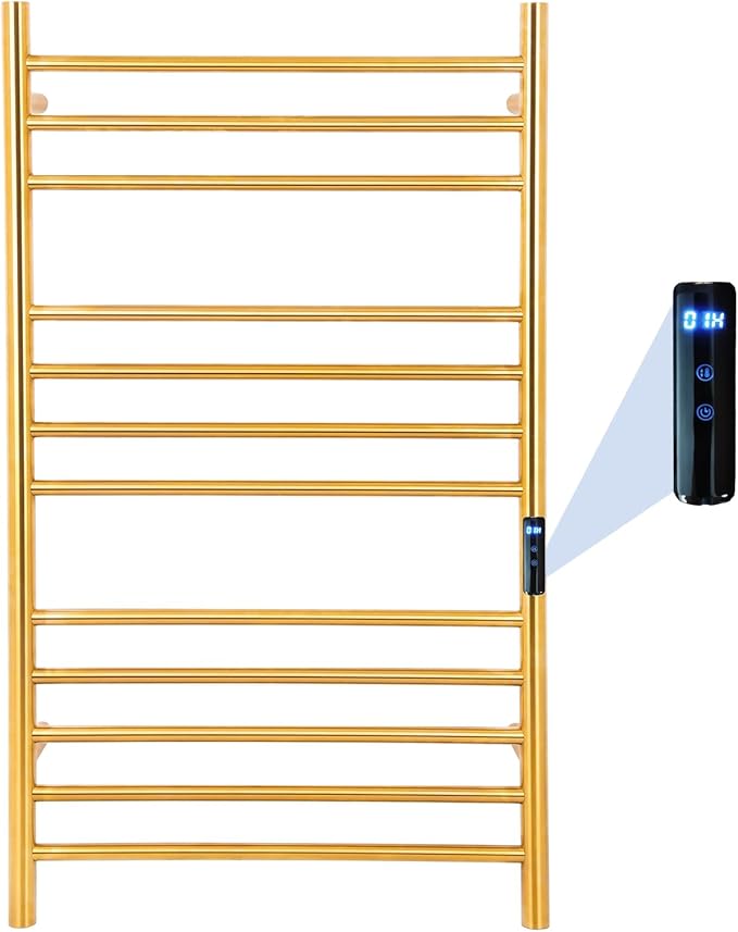 12-Bars Gold Heated Towel Rack–23" Wall Mounted Towel Warmer with Timer & Temperature Control, Stainless Steel