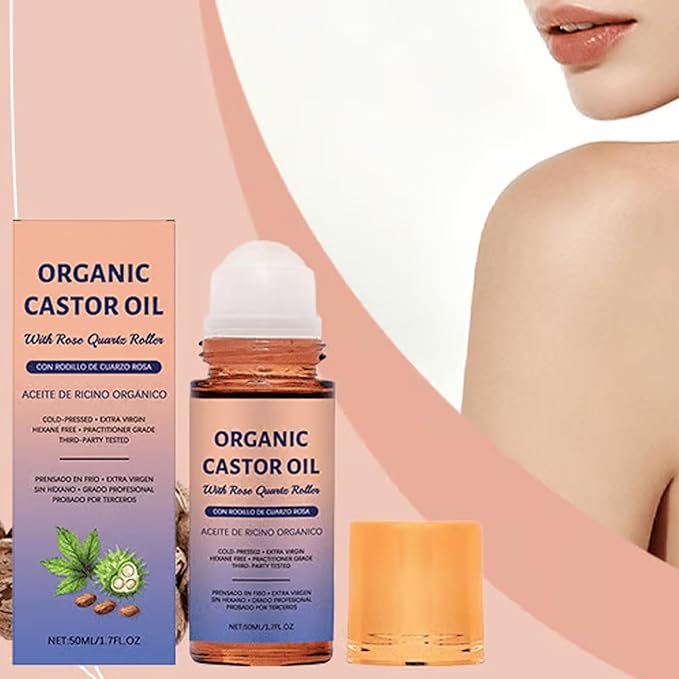 Organic Golden Castor Oil Roll-On with Rose Quartz, Jade Massage Board, Relax Anytime, Anywhere, for Brows, Lashes, Dry Skin & Face, Travel Friendly Leakproof Roller Bottle (2)