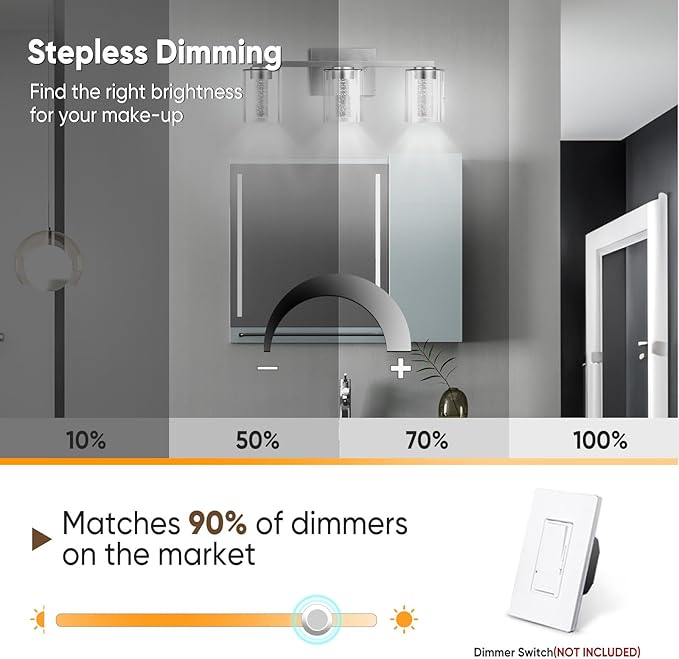 LED Modern Bathroom Light Fixtures Over Mirror, 3-Light Brushed Nickel Vanity Lights with 5 Color Modes, Dimmable Bathroom Vanity Light with Crystal Bubble Glass, 2700K-6500K Adjustable, ETL