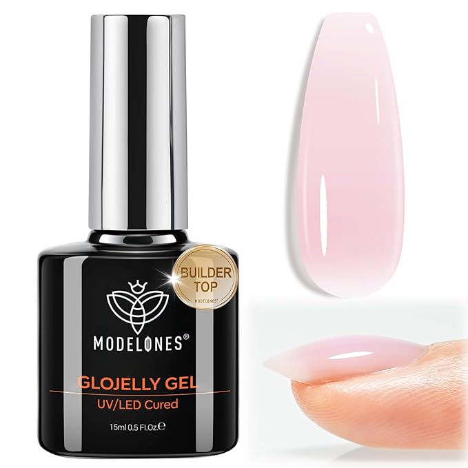 modelones Builder Nail Gel Top Coat, 15 ML No Wipe Ultra Gloss Milky Pink Gel Polish Apex Building Nails Strengthener Extension Jelly Color Nail Art Long Lasting Soak Off U V Manicure Gift for Women