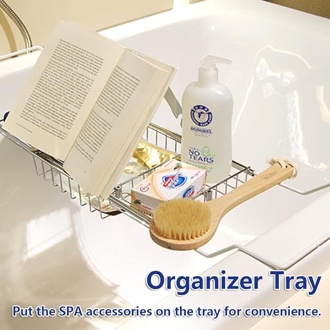 BESTHLS Bathtub Tray Caddy for Luxury Bath Expandable Extra Wide Bath Tub Tray with Wine Glass Holder & Soap Accessaries Holder & Laptop Reading and Organizer Ideal for Home Spa Lover (Silver)