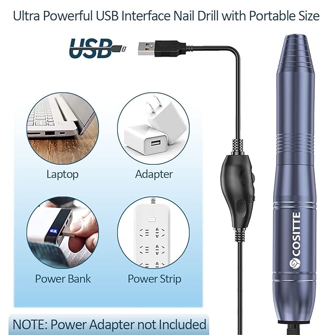 COSITTE Electric Nail Drill,USB Electric Nail Drill Machine for Acrylic Nails,Portable Electrical Nail File Polishing Tool Manicure Pedicure Efile Nail Supplies for Home and Salon Use, Gray