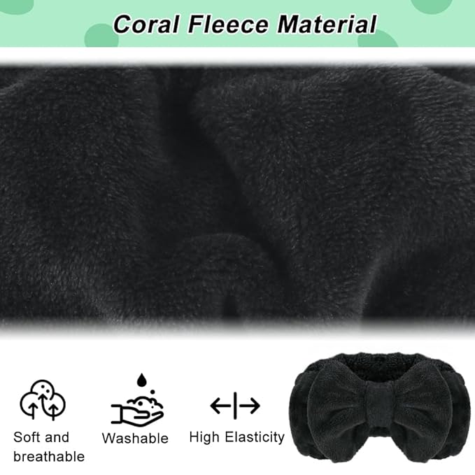 Shintop Spa Headband, Soft Carol Fleece Makeup Headband with Cute Bow Elastic Hairband for Washing Face Skincare Facial Mask Showers（Black）
