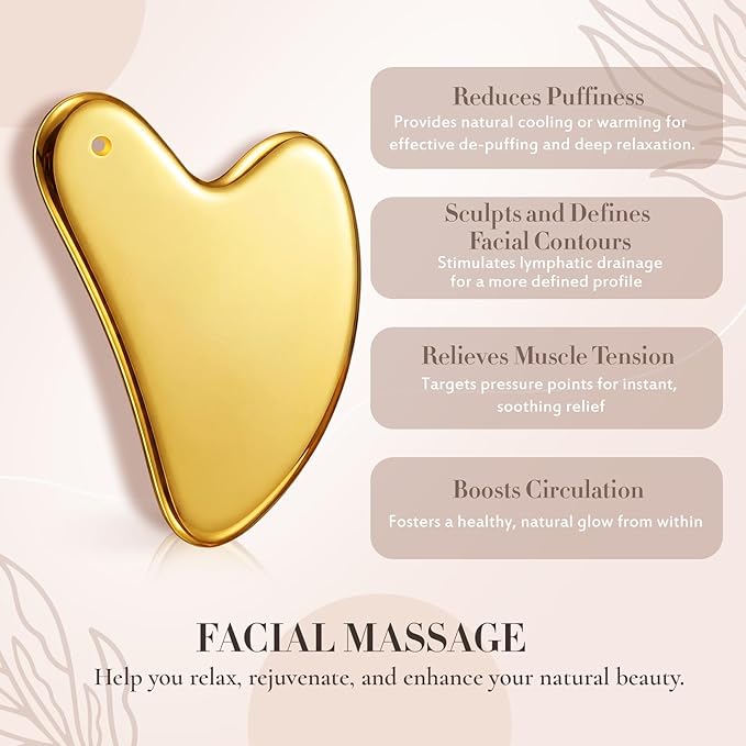 Nuanchu Stainless Steel Gua Sha Facial Tool, Metal Gua Sha for Lymphatic Drainage, Guasha Face Sculpting Double Chin Reduce with Pouch Mother Day Self Care Gift(Gold)