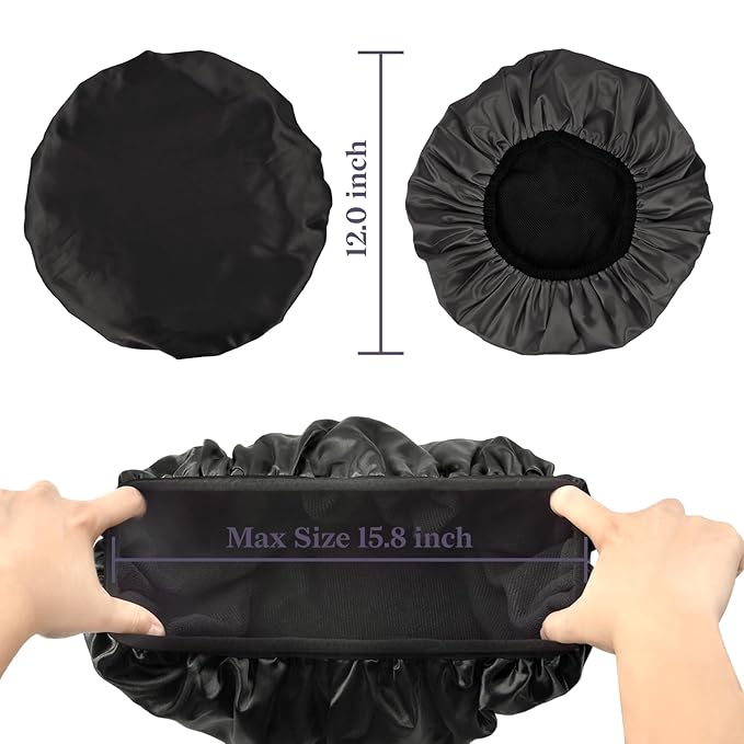 Three-Layer Terry Cloth Lined Satin Shower Cap, with Silk Hair Ties, Microfiber Waterproof Reusable Large Size Shower Cap for Women Long Thick Hair (Black)