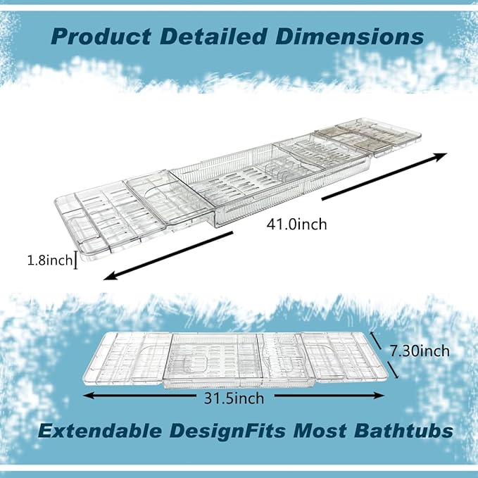 Large Capacity Adjustable Bath Tub Tray - Transparent Acrylic Rectangular Modern Bathroom Tray - Easy Clean, Sturdy Durability - Fits Most Bathtubs (Extended Edition)